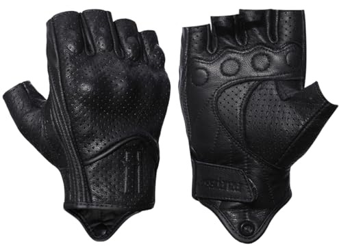 Harssidanzar Motorcycle Gloves for Men Goatskin Leather Perforated Motorbike Riding Driving Gloves CM044UK, Black, Size Large