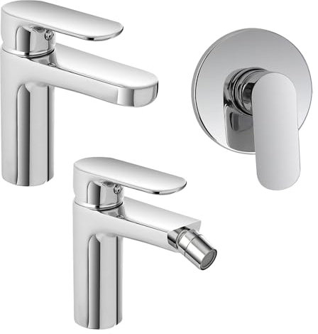 Set miscelatori lavabo, bidet e doccia incasso in ottone cromato lucido con piletta click clack, linea KREO