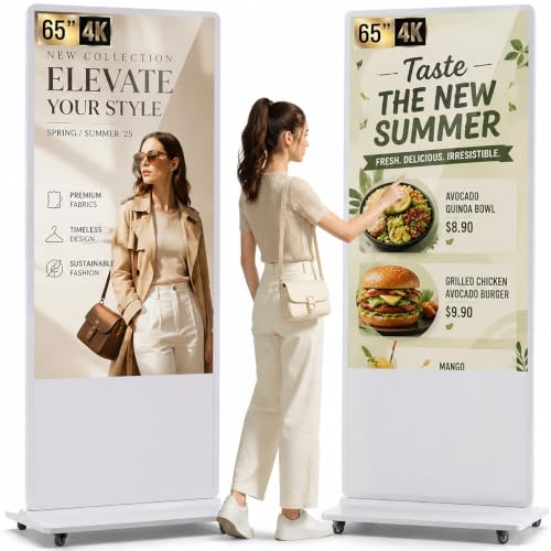 YCKJNB 65 Totem Pubblicitario Digitale 4K, 450 Nits Digital Signage Mobile con 4 Ruote, Display LCD Professionale 24/7, Android OS, Plug&Play USB/WiFi/HDMI, Ideale per Vetrine Negozi e Ristoranti