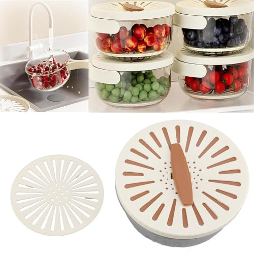 Oreilet Obst Waschschüssel, Obst Waschen Abtropfkorb mit Deckel & Sieb & Faltbarem Griff, Verdickte Doppelschichtige Gemüse Abtropfschale Schüssel für Waschen Abtropfen Aufbewahren (braun)