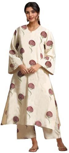 ANNI Designer Abiti coordinati da donna, regular fit, in rayon viscosa stampata, kurta dritta con pantaloni, Borgogna, Small