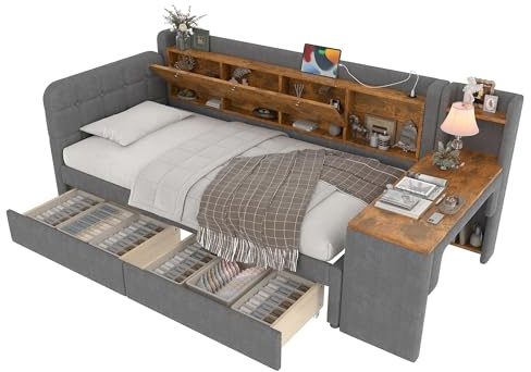 SOFTWEARY Stauraumbett mit Schreibtisch, Lattenrost, Regal, Schubladen, USB und Type-C Anschluss, Polsterbett, Einzelbett, Leinen (grau, 90x200 cm)