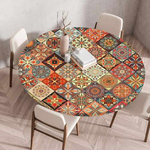 Boho Tischdecke Rund 140cm, Outdoor Gartentischdecke mit Gummizug | Abwaschbar Tischdecke Mandala Farben, für Garten, Balkon, Küche Style 2