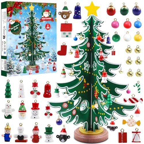 Adventskalender 2025 mit Hölzerner Weihnachtsbaum und 36 Ornamenten,24 Tage Weihnachtskalender Adventskalender Countdown Überraschungen,Weihnachtsdeko Anhänger für Kinder Jungen Mädchen