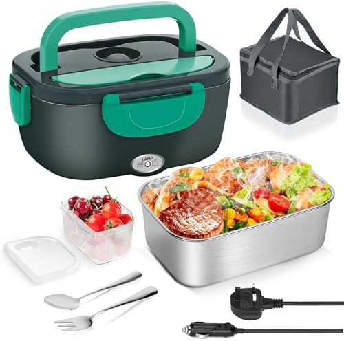 Electric Lunch Box Adults & Thermal Heated Lunchbox with Compartments for Fruits, 3-in-1 Lunch Boxes for Truck and Car Drivers, Office, Camping, Travellers - Insulated Lunch Bag, Spoon and Fork