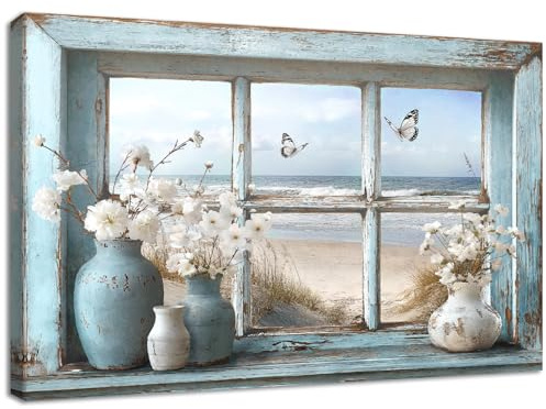 Fensterblick Küstenstrand Leinwand Bilder Mit Rahmen Jasminblüte in Vase Schmetterling Bild Rustikales Blumig Wandbilder Kunstdruck auf Leinwand Malerei Wohnzimmer Schlafzimmer Wanddekor 40x60cm