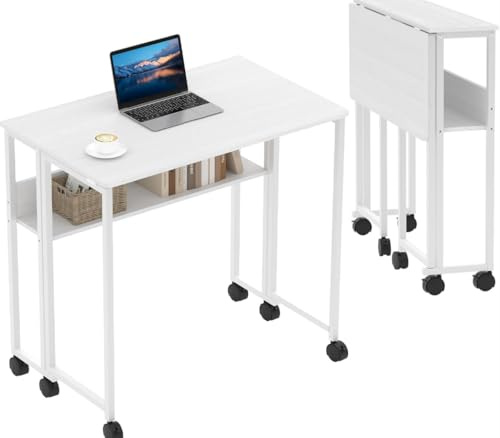 Garvee Kleiner Schreibtisch Klappbar, 63x50x75 cm Klappschreibtisch mit Rollen, Einfache Montage Klappbarer Schreibtisch mit Stauraum, Home Office Klapptisch, Weiß