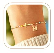 ZHESHY Gold Beaded Initial Bracelets for Women Girl Christian Gifts Women | 14K Gold Plated Cross Bracelets,No Tarnish Personalized Letter A-Z Bracelet,Cross Link Chain,Religious Baptism Gifts for Girl