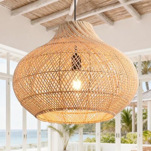 Parrot Uncle Boho Rattan Pendelleuchte, 35cm Natürlicher Bambus Lampenschirm, Korb Hängelampe, Höhenverstellbar, E27-Fassung für Wohnzimmer, Schlafzimmer, Flur(keine Glühbirne) [Energieklasse A]