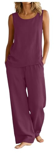 Completo Estivo Donna Lino Cotone Due Pezzi Set Elegante Casual Senza Maniche Canotta Blusa Traspirante Pantaloni Larghi Comodi con Tasche Abbigliamento Moda Streetwear Boho per Vacanze Spiaggia