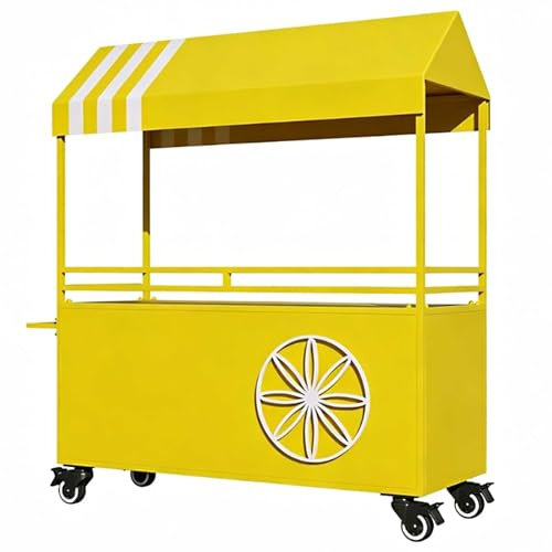 Bärbar Mobil Gatuförsäljare Matvagn, Järnmatvagnsdisplay med Tak och Hjul för Gata, Fester, Marknad(Yellow,120cm/47in)