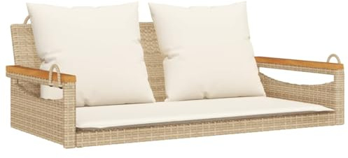 Generico Schaukelbank aus Polyrattan, beige, 109 x 62 x 40 cm, mit Kissen, schwingende Bank für den Außenbereich, mit Stahlrahmen und Akazienholz