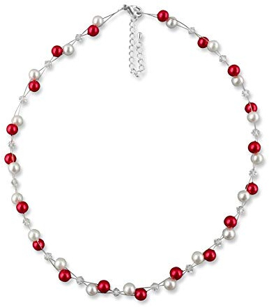 Rivelle Damen Perlenkette Perlen weiß rot Kette Perlen Collier Halsschmuck Necklace Geschenk-Box