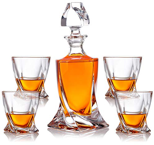 5-tlg Whisky-Set Karaffe Trinkgläser - Geschenk-Set aus Glas - Whiskey Dekanter 800ml mit 4 Whiskygläser 300ml für Rum, Scotch, Cognac - Männer Geschenk - mit Geschenkbox
