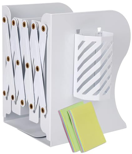DARUITE Buchstütze, Buchstützen Metall mit Abnehmbaren Stifthalter, Weiß | Verstellbare, Bücherhalter für Zuhause, Klassenzimmer, Schule, Bibliothek, Ideal für Ordner, Zeitschriften, Schüler, Lehrer