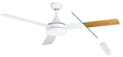 EGLO Deckenventilator SESIMBRA, 3 Flügel Ventilator mit Licht, weiß, Wendeflügel aus Schichtholz Eiche oder weiß, Fernbedienung, Sommer Winter Betrieb, warmweiß–kaltweiß, dimmbar, AC Motor, Ø 132cm