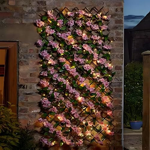 Garden Mile Solar Pink Blossom Trellis - Expandable Artificial Living Wall Panel, UV-Protected Willow Privacy Fence Screening with 75 Warm White Solar String Lights for Outdoor Garden Decor