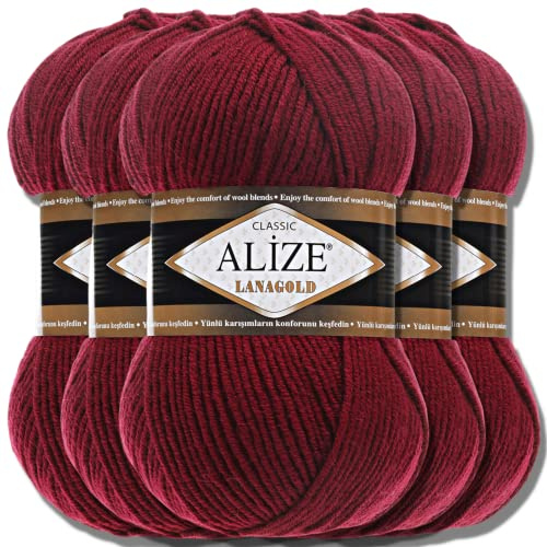 Alize 5 x 100g Lanagold Classic Türkische Premium Wolle Baumwolle und Acryl Uni Handstrickgarne | Yarn | Garn | Strickgarn Einfarbig Baby zum Häkeln Stricken Kleidung Schals (Bordeaux | 57)