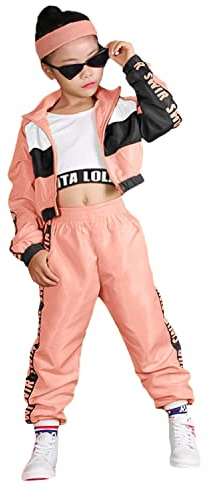 LOLANTA Ensemble de 3 vêtements hip-hop pour filles, survêtement rétro colorblock des années 80, débardeur court, veste zippée, pantalon de jogging, Rose, 8-9 ans, 140