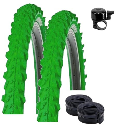 2 x Kenda 24 Pyscho K-829 MTB Fahrradreifen in Grün 50-507 (24 x 1,95) + 2 passende Schläuche DV inkl. maxxi4you Fahrradklingel