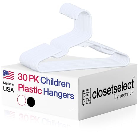 Closetselect Childrens Hangers 30 Pack - 11.75 Inch Plastic Kids Hangers for Closet, Baby Hangers for Children Clothes Sizes 0 to 8, Non-Slip Infant Hangers with Shoulder Grooves, Made in USA | White