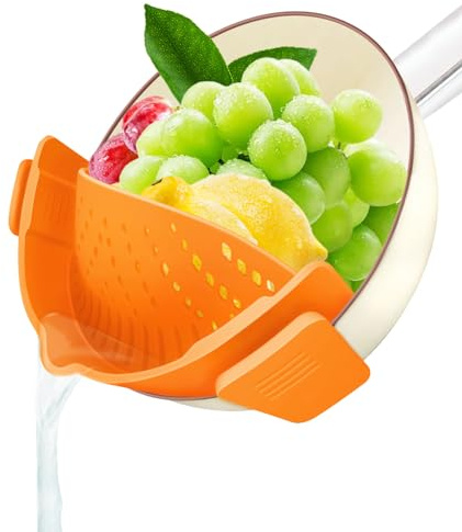 YEVIOR Clip on Strainer for Pots Pan Pasta,Silicone Food Strainer Hands-Free Pan Strainer, Clip-on Kitchen Food Strainer for Spaghetti, Pasta, Ground Beef Fits All Bowls and Pots (Orange)