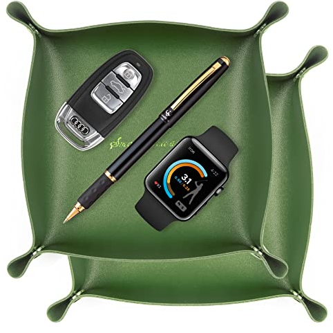 AIBAOBAO Ledertablett, 2 Stück PU Leder Taschenleerer, Praktische Aufbewahrungsbox, Kunstleder Ablageschale Schlüsselschale für Handy Kleingeld Geldbörse, Uhren Münzen und Büroausstattung Mit Knopf