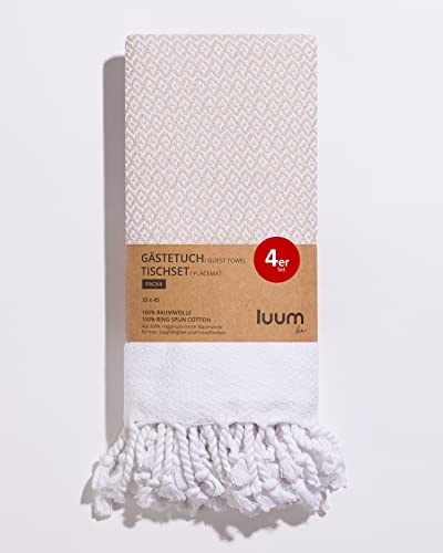 Luum® Hamam Juego de 4 toallas de invitados, manteles individuales, mantel individual, lavable, toalla de jabón, 100% algodón, secado rápido, sin pelusas, beis, 33 x 45, set de regalo, idea de regalo