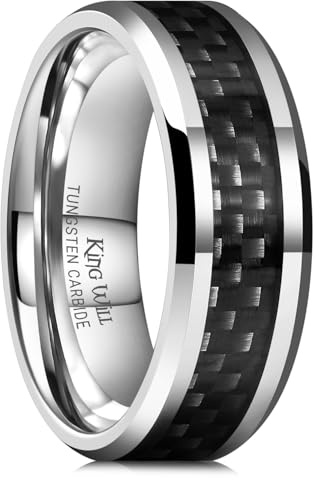 King Will Gentleman - Anillo de boda para hombre, carburo de tungsteno negro, 8 mm, incrustaciones de fibra de carbono, ajuste cómodo, R 1/2(59.53mm), Tungsteno, Sin piedras preciosas