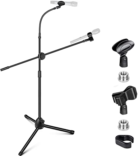 CAHAYA Pied de micro au sol 3 en 1 avec perche télescopique et support de micro à col de cygne, stable et pratique, adapté au chant, à la scène, aux conférences et aux exposés CY0319