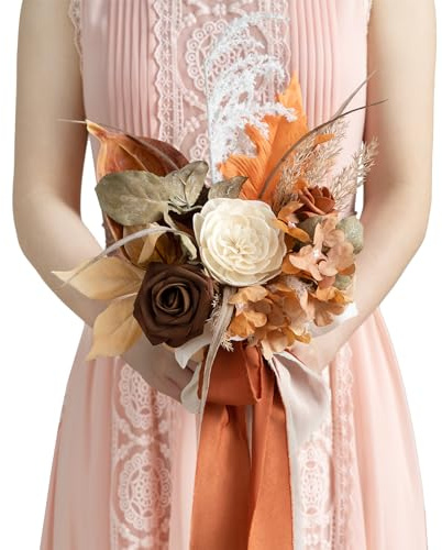 Ling's moment Artificial Flowers Boho Bridesmaid Bouquet, Terracotta Wedding Flowers Bouquets, 7 Inch Bridal Bouquets for Bridesmaids, Wedding Decor, Ceremony, Anniversary, etc