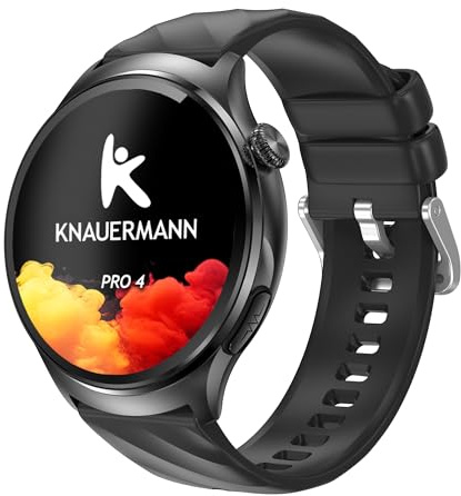 Knauermann PRO 4 Orologio per la salute ECG con funzione telefonica, smartwatch in nero, pulsazioni, pressione sanguigna, ossigeno nel sangue, HRV, analisi del sonno, per uomo e donna, cinturino in