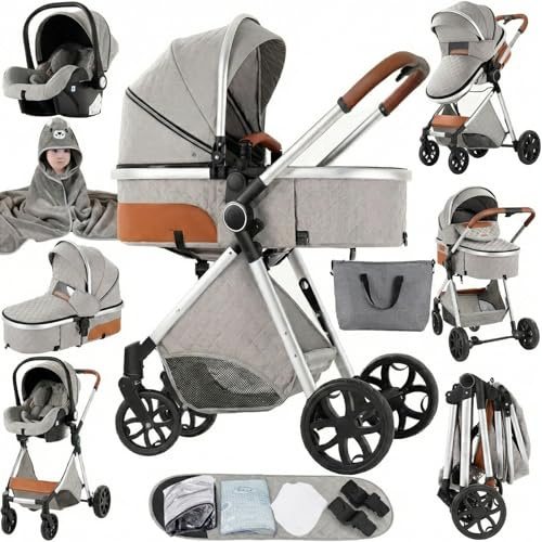 MoLi Kinderwagen 3 in 1, Kinderwagen mit Umkehrbarem Doppelschiebemodus, Buggy mit Großer Bequemer Babywanne, Kombikinderwagen 3 in 1 Rahmen Aluminiumlegierung Faltbar Hohe Landschaft(225 Silver Grey)