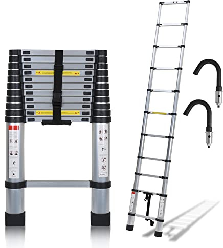 Ansobea Teleskopleiter 2.6m mit Abnehmbarem Haken, Aluminium Leiter Ausziehbar, Mehrzweckleiter Teleskopleitern, Belastung 150 kg, Silber