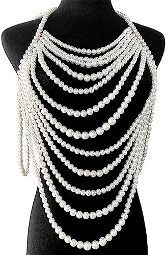 huiouer Mehrschichtige Körperkette aus Kunstperlen und Perlen, Bralette, Damen, Halsband, Schulter-, Brustgeschirr, Halskette, sexy Körperschmuck, Dessous, Kostüm-Zubehör, Perle