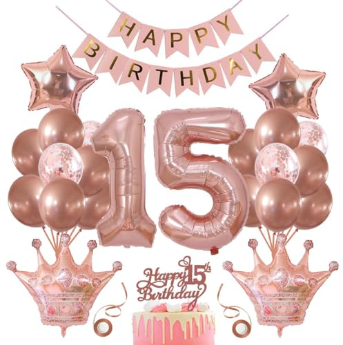 SNOWZAN Deko 15 Geburtstag Mädchen Partydeko Geburtstagsdeko Luftballons 15.geburtstag Deko Mädchen Rosegold Tortendeko 15.geburtstagsdeko 15 Mädchen 15 Jahre Geburtstag Deko Happy Birthday Banner