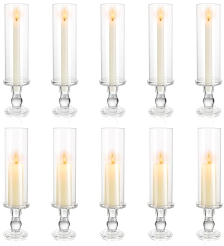 NUPTIO Hurricane Glass Candle Holders - Set of 10 Pillar & Taper Candle Stands - Clear Tall Candle Sticks with Open Ended Glass - Wedding Centrepieces for Tables
