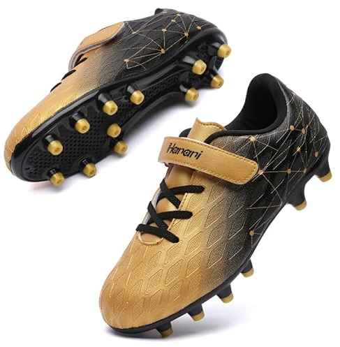 Fußballschuhe Kinder FG/AG Fussballschuhe Footballschuhe Jungen Mädchen Kids Kunstrasen Trainingsschuhe Soccer Schuhe Sportschueh Teens draußen Hallenfußball Indoor Outdoor Unisex Schwarzes Gold EU38