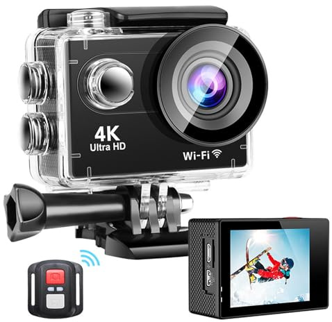 NVYAZJ Fotocamera sportiva 4K HD, telecamera WiFi con telecomando subacqueo da 30 metri, schermo anti-vibrazione da 2,0 pollici, accessori impermeabili da 12 milioni di pixel, super grandangolo