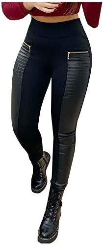 Legging Cuir Femmes Zippé- Leggings Haute Taille-Pantalons Femme Épissage Serré Chic Tendance de la Mode Moto Amincissants Ajustée Slim Noire Patchwork Élastique Casual Cuir Serré Leggings
