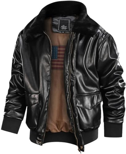 Herren Winter Retro Lederjacke Outwear Bomberjacke Winderbreaker Motorrad Lederjacken Black Fur M