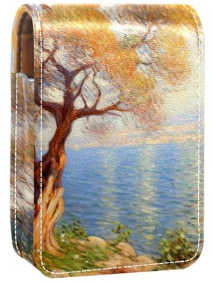 Étui à Rouge à lèvres,Organisateur de Rouge à lèvres en Cuir avec Miroir,Automne mer Arbre Colline