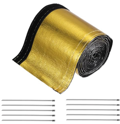 MECCANIXITY Manicotto per guaina termica in oro alluminizzato 30 mm ID x 300 cm per cavo termico per tubo flessibile protezione dal calore con gancio e anello, 10 fascette in acciaio inossidabile