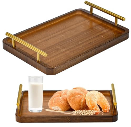 Holzpalette DKEROSS Bambus Serviertablett mit Griffen Holz Servierplatte Holztablett Rechteckig Küchentablett Frühstückstablett Bambus Tablett für Frühstück Tee Couchtisch Küchen Deko Bett 30x20x2cm