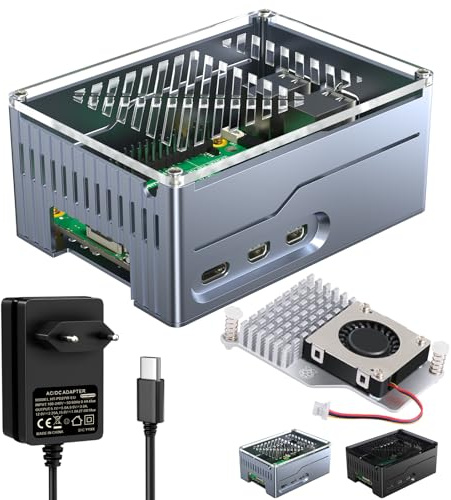 Miuzei Gehäuse für Raspberry Pi 5 Support SSD PCIe M.2 NVMe Hat Key-M Shield Top X1001/X1000/X1003 Metall Case for Raspberry Pi 5 4GB/8GB mit Official Active Cooler 5,1V 5A Netzteil 27W Power Supply