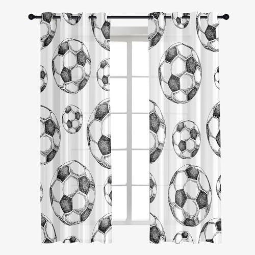 Odot Transparent Gardinen mit Ösen Schlaufen, Fußball Druck Vorhänge Voile Sheer Vorhang Dekoschal Fensterschal Ösenvorhang für Wohnzimmer Fenster 2er Set (Weiß,107x160cm)