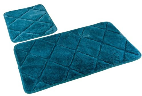 Euromat Badematten Badset Badgarnitur Rutschfester Polyester Badteppich Maschinenwaschbar Wasserabsorbierend (Muna Blau, 2 TLG Set)
