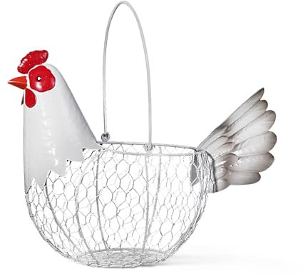 Farmhouse Rustic White Chicken Wire Metal Egg Basket With Handle,Vintage Rooster Decorative Chicken Shaped Fruit Basket Bowl for Kitchen Countertop Living Room Home Farm Table Decor
