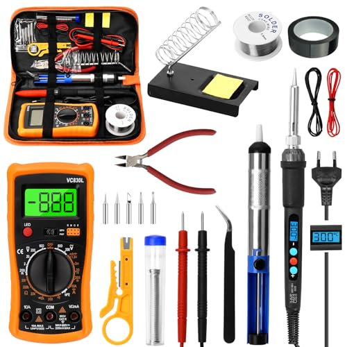 Lötkolben Set, 60W LCD Lötkolben Einstellbar Temperatur 180-500°C, Soldering Iron Lötset mit Entlötpumpe, Digitalmultimeter, Lötstation, 5 Lötspitzen, Pinzette, Soldering Kit für Elektrische Arbeiten