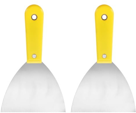 QUARKZMAN 2pz Spatola in Acciaio al Carbonio 5 Raschietto Flessibile Stucco Cartongesso Manico in Plastica per Carta Parati Nastratura Raschiatura Vernice, Giallo